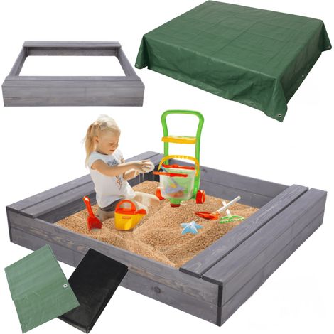 MODO24 Bac à sable en bois de jardin 120x117 cm, avec bancs, agrofibre incluse, avec bâche 2x2 m, gris imprégné (1/5)