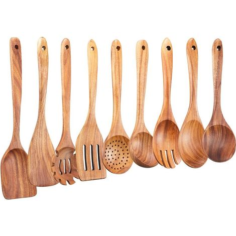 Set aus 9 handgefertigten Küchenutensilien aus Holz – geeignet für antihaftbeschichtetes Kochgeschirr, komplettes Set für das tägliche Backen und Kochen