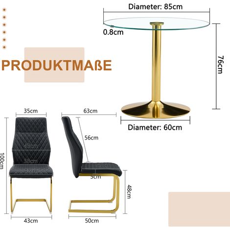 Ensemble table et 2 chaises salle à manger : table ronde verre trempé 85 cm base métal doré, 2 fauteuils contemporains noir or motif diamant (1/5)