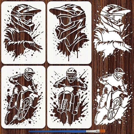 Pochoirs de motocycliste (lot de 4) avec pinceau, format A4 (29,7 x 21 cm), réutilisables, pour le dessin et le graffiti. (1/5)