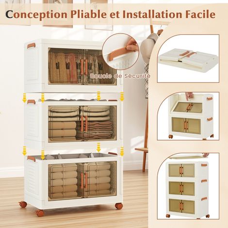 Lot de 3 boîtes de rangement blanches en plastique pliables avec portes magnétiques et roulettes pour maison, chambre et garage (1/5)