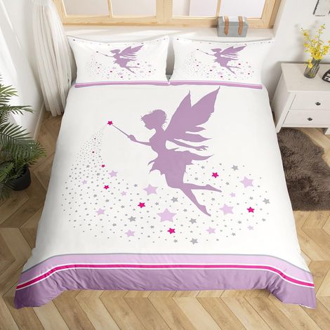 Parure de lit 200 x 200 cm avec housse de couette 200 x 200 cm Motif étoiles parure de lit pour enfants filles et adolescents Blanc et violet Décoration d'intérieur (1/5)