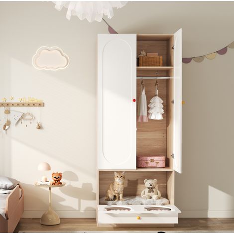 Armario infantil 80x50x200 cm blanco y natural en MDF con perchero, estantes abiertos y espacio para mascota (1/5)
