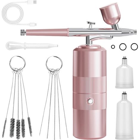 Kit aérographe avec compresseur : pistolet pulvérisateur sans fil, kit aérographe portable, avec compresseur, rechargeable par USB, pour l'hydratation des ongles, le maquillage, rose (1/5)