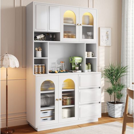Aparador alto (106x30x175 cm), armario con puertas acrílicas arqueadas, iluminación LED, MDF blanco (1/5)