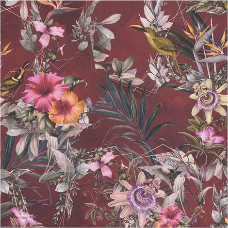 Flowers wallcovering wall Profhome 381785 smooth non-woven non-textured wallpaper with floral ornaments matt red olive green pink orange yellow 5.33 m2 (1/5)