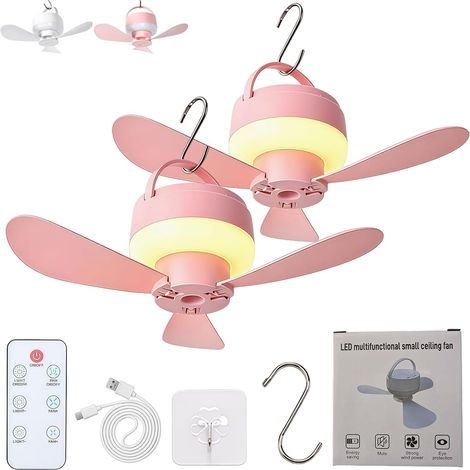 Due ventilatori da soffitto portatili, con luci, telecomando, ricaricabili, adatti sia per interni che per esterni, disponibili nei colori rosa e bianco. (1/5)
