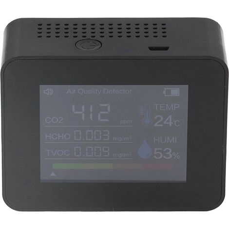 Détecteur CO2 portable, moniteur qualité d'air intérieur avec capteur température et humidité, écran rotatif automatique, recharge USB avec batterie intégrée (livré chargé), 2CO3 noir. (1/5)