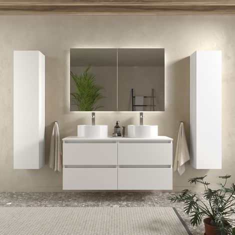 Meuble de salle de bain BEQUIA 140cm Blanc mat  Avec plan toilette (vasque non incluse) (1/5)