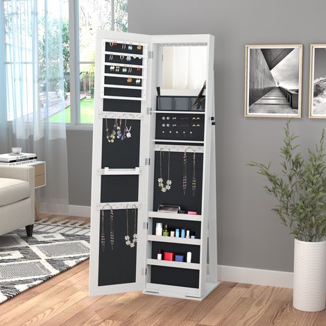 Blanche - Armoire à bijoux avec miroir LED, 4 étagères et rangements, MDF et verre, porte verrouillable, chambre et salon, 38x38x157 cm