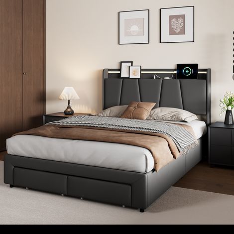 Polsterbett 160x200 cm mit Bettkasten, Doppelbett mit Schubladen, Kopfteil-Ablage, 7-Farben-LED und USB, Leinen, Dunkelgrau