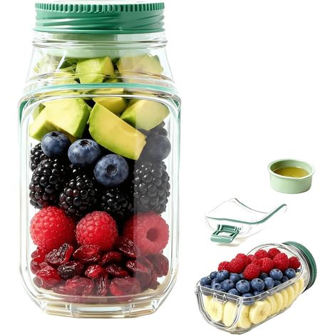 Salad Pod Mason Jar Side Open - Leakproof vertical layer salad jars with built-in dressing containers, reusable and portable lunch containers