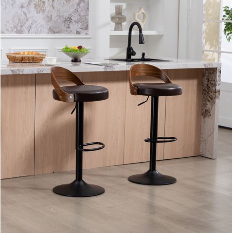 Taburete de bar de PU marrón, giratorio 360°, regulable en altura, con respaldo y reposabrazos,42.5×42×77cm (1/5)