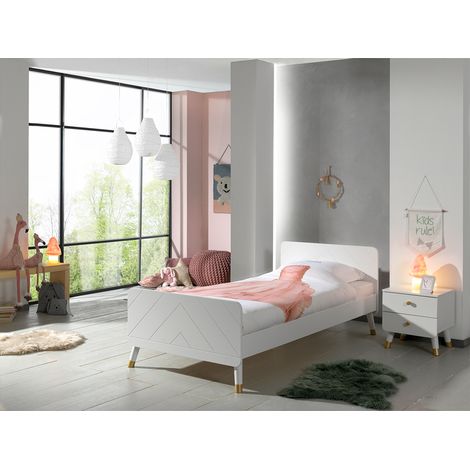 Lit 1 place 90x200 cm avec sommier et chevet rose - GAMAY (1/5)