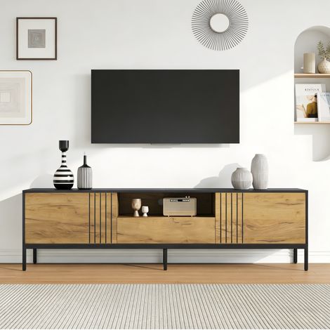 TV-Lowboard 170x35x50 cm Eiche-Schwarz aus Spanplatte mit 2 Türen, 1 Schublade und offenem Fach (1/5)
