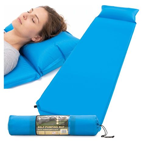 Materasso auto gonfiabile con cuscino e copertura, tappetino turistico blu. (1/5)