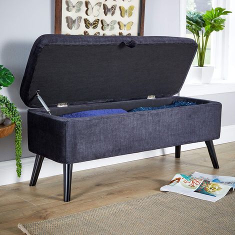 Black Velvet Fabric Hidden Storage Ottoman Box Wooden Legs Home Living Furniture (1/5)