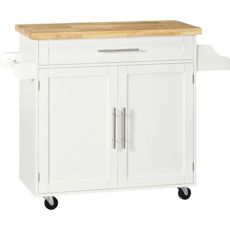 Chariot de cuisine blanc avec plan de travail, étagère à épices et porte-serviettes 109x40x89 cm (1/5)