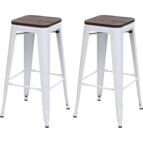 Juego de 2 taburetes de bar con asiento de madera y estructura de metal blanco, diseño industrial, apilables 040007449