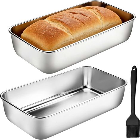 Lot de 2 moules à cake - En acier inoxydable - Avec pinceau de cuisson en silicone - Pour pain grillé juteux et moelleux - Sain, facile à nettoyer et passe au lave-vaisselle - 33 cm x 15 cm x 6,5 cm (1/5)