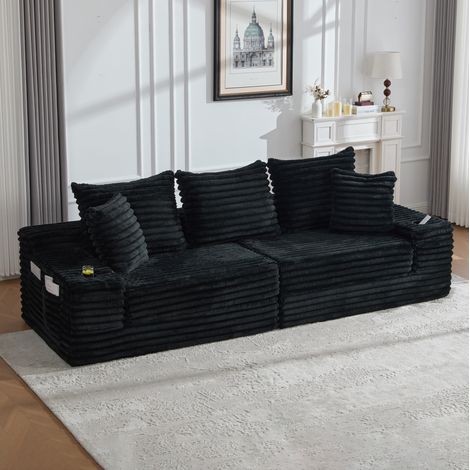 Schlafsofa 273x98x87 cm Schwarz Cord mit hoher Rückenlehne und Getränkehaltern (1/5)