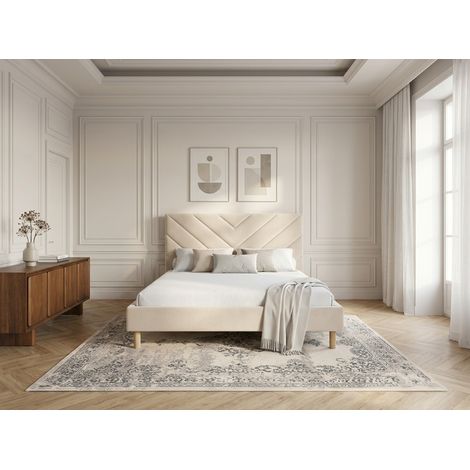 BOBOCHIC - Lit ROMANE avec lattes massives tissu velours 140x190 Beige (1/5)