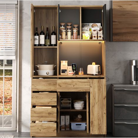 Hoher Küchenschrank mit ausziehbarem Gewürzregal, LED und Steckdosen, 185x105x40 cm (1/5)
