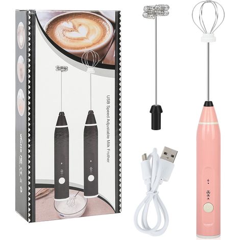 Batteur électrique à main avec 2 fouets métalliques rechargeable USB 3 vitesses pour lait cappuccino chocolat mélange oeufs Rose
