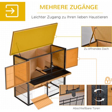 Clapier bois 2 étages PawHut 89,5x45x81 cm, toiture bitume, enclos extérieur, rampe, porte sécurisée, cage pour lapins & cobayes, jaune pâle (1/4)