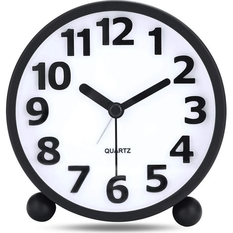 Silent Analog Alarm Clock,Black Metal Large 3D Digits,Non Ticking Table Clock with Night Light Bedside Alarm Clock 10.5cm