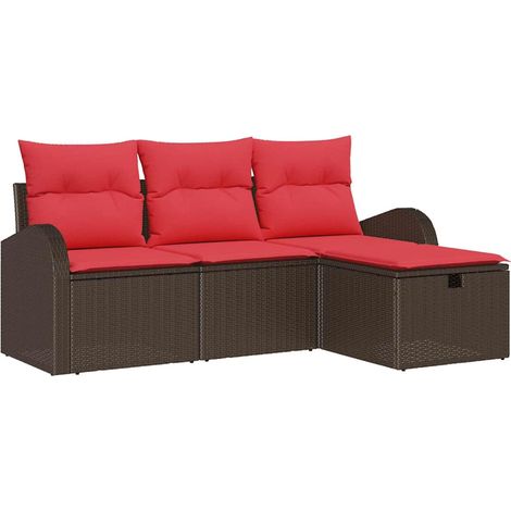 Sofa Set with Cushion Manual 4 pcs Brown and Red Poly Rattan vidaXL