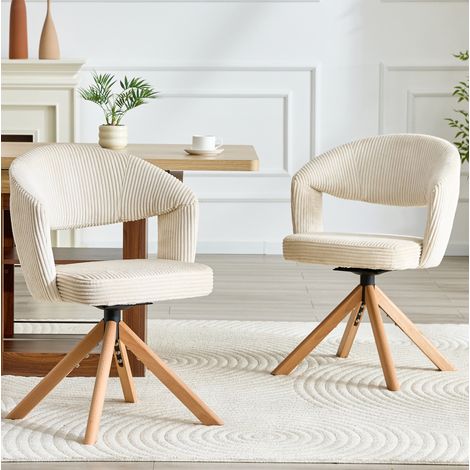 Sedie da sala da pranzo girevoli, set da 2, tessuto a coste bianco crema, gambe in legno HAVRYA (1/5)