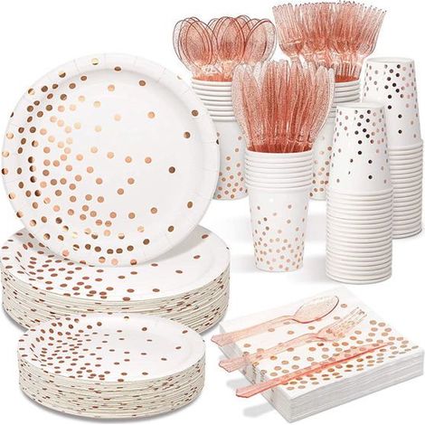 200 pièces vaisselle jetable or rose, service complet assiettes gobelets couverts, décoration élégante rose gold, pour événements festifs jusqu'à 25 personnes