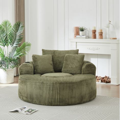 Sillón redondo de 1 plaza en pana verde, 3 cojines y 2 portavasos para salón – MEUBLIV (1/5)