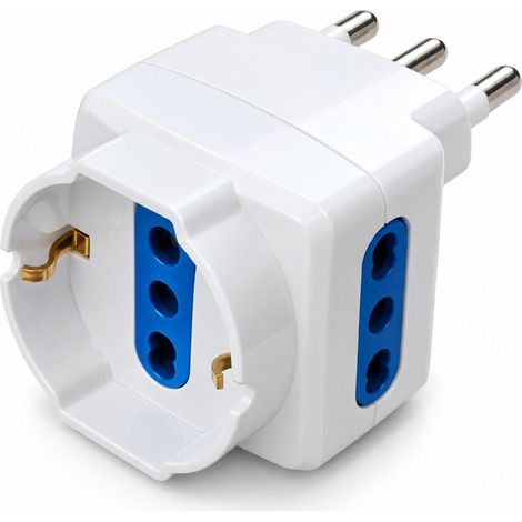 Adattatore Tripla Spina Elettrica Angolare 16A con 2 Prese Bipasso 10A/16A e 1 Presa Schuko 16A Laterale Salvaspazio (AP83054) (1/3)