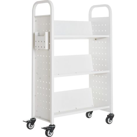 Chariot de bibliothèque à roulettes blanc, capacité 150 kg, dimensions 77x38x122 cm, idéal maison bureau école, roues verrouillables. (1/5)