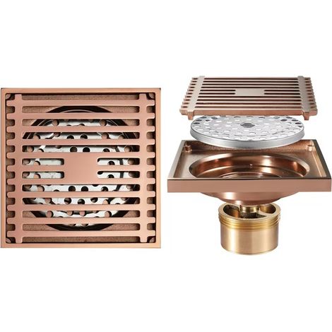 Square floor drain, 100 x 100 mm, recessed, suitable for bathroom tiles, with removable filter cover, rose gold. (1/5)