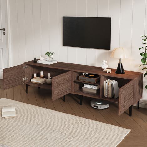 DESMIU Meuble TV 180 cm avec 3 portes et 2 niches ouvertes, pour salon, en panneau de particules, chêne foncé (1/5)