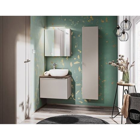 Ensemble meuble sous vasque + vasque + cabinet miroir + colonne murale - 60 cm - Rosario Taupe - Livraison gratuite