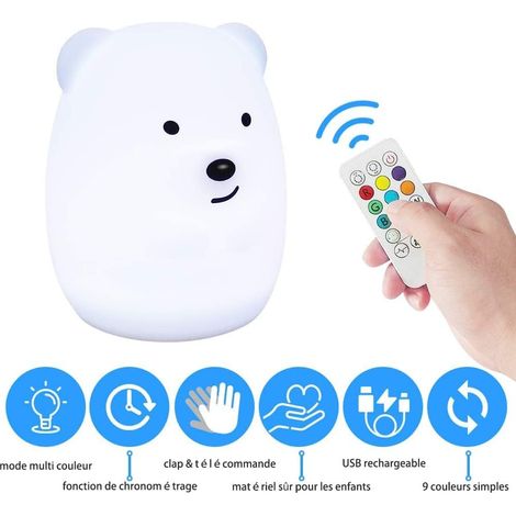 Veilleuse Veilleuse Enfant Veilleuse Ours LED Lampe Chambre 9 Couleurs Veilleuse Bébé Multicolore Rechargeable USB Veilleuse Légère avec Télécommande Cadeau pour Enfant Adulte [Classe énergétique A ++ (1/5)