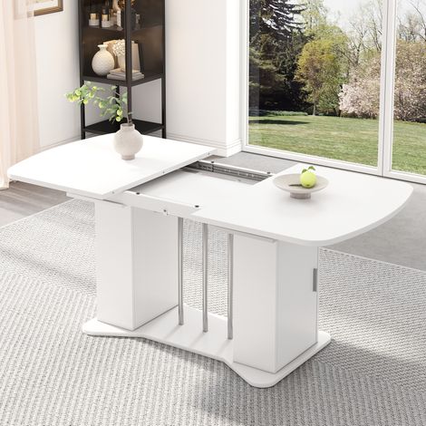 Tisch aus MDF 120/160 x 80 cm Weiß mit silberfarbenen Beinen und Stauraum (1/5)