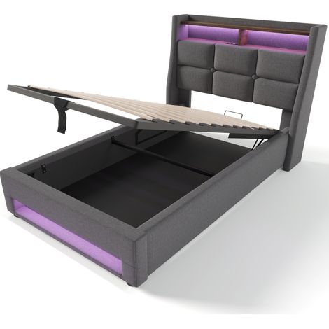Cama tapizada 90 x 200 cm con colchón, LED y USB, tejido gris, somier de madera y metal (1/5)