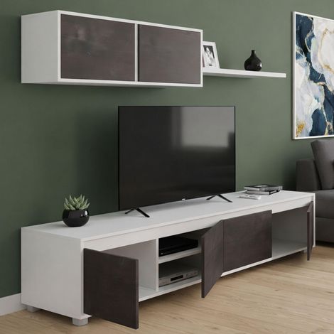 Système mural Savannah, meuble TV meuble de salon, Composition d'ensemble de salon, Ensemble de salon avec élément mural, 200x41h43 cm, Blanc et Oxyde (1/5)