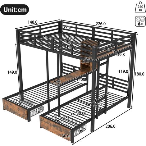 Etagenbett 140×200 cm und 90×200 cm, 3 Schlafplätze mit 2 Schubladen, Stauraum und Regalen, ohne Matratze, Schwarz (1/4)