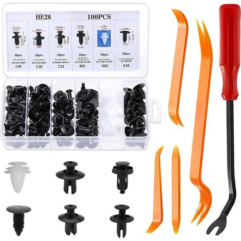 105 Pièces Rivet Clips Voiture Universel, 6 Taille Clips Agrafes Carrosserie 100 Rivets en Plastique/Clips de Fixation pour Voiture et 5 Outils, pour Auto Voitures Panneaux (1/5)