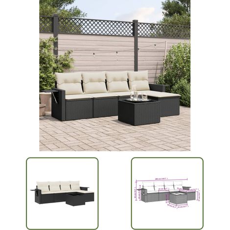 The Living Store Salon de jardin 6 pcs avec coussins noir résine tressée - Salon De Jardin - Meuble Extérieur - Set Salon - Résine Tressée - Rotin Synthétique (1/3)