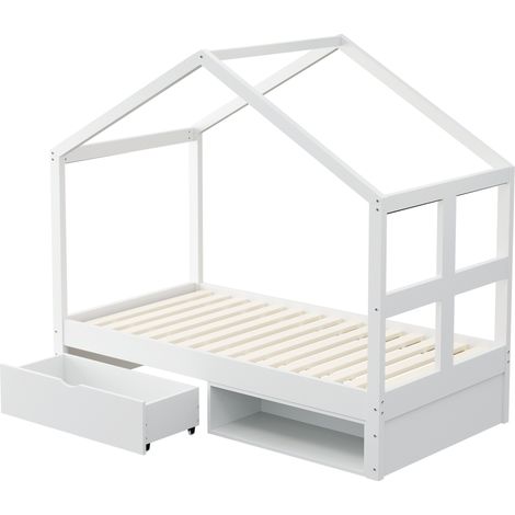 Cama tipi 90 x 190 cm con cajones, zapatero y LED multicolor, blanco (1/5)