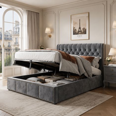 Lit capitonné avec levier hydraulique, lit fonctionnel avec rangement, décor clouté, 180 x 200 cm, sans matelas, velours, gris (1/4)