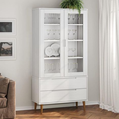 Vitrinenschrank mit 2 Schubladen, 4 Fächern und Glastüren aus Kiefernholz, Weiß (1/5)