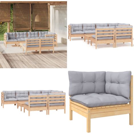 8-tlg. Garten-Lounge-Set mit Grauen Kissen Kiefer Massivholz - Garten Lounge Set - Outdoor Möbel - Rattan Gartenmöbel - Kiefernholzmöbel - Loungesessel - Home & Living (1/5)